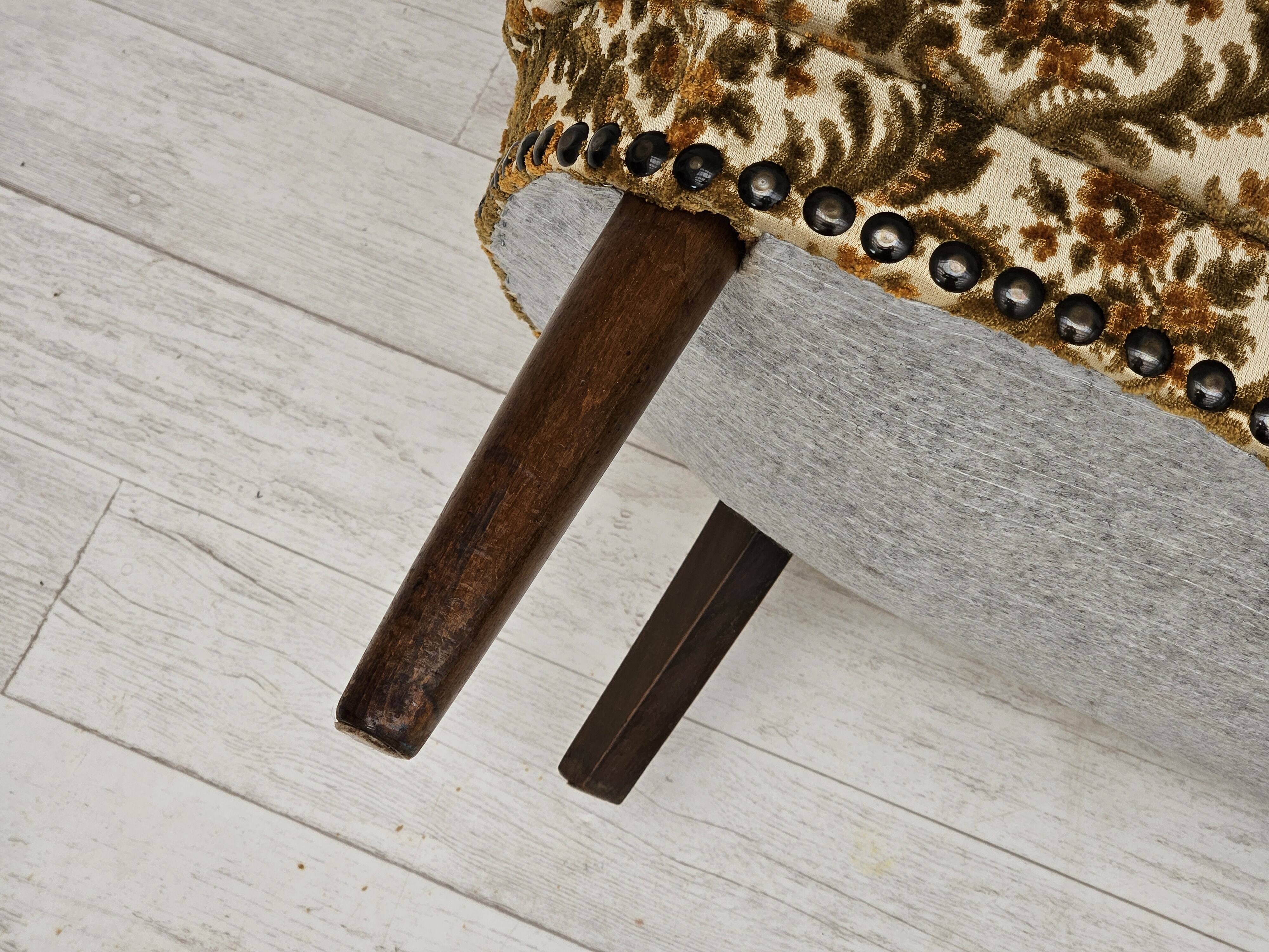 Canapé danois 2 places "banana", état d'origine, tissu d'ameublement run/beige, bois de hêtre, années 1960,