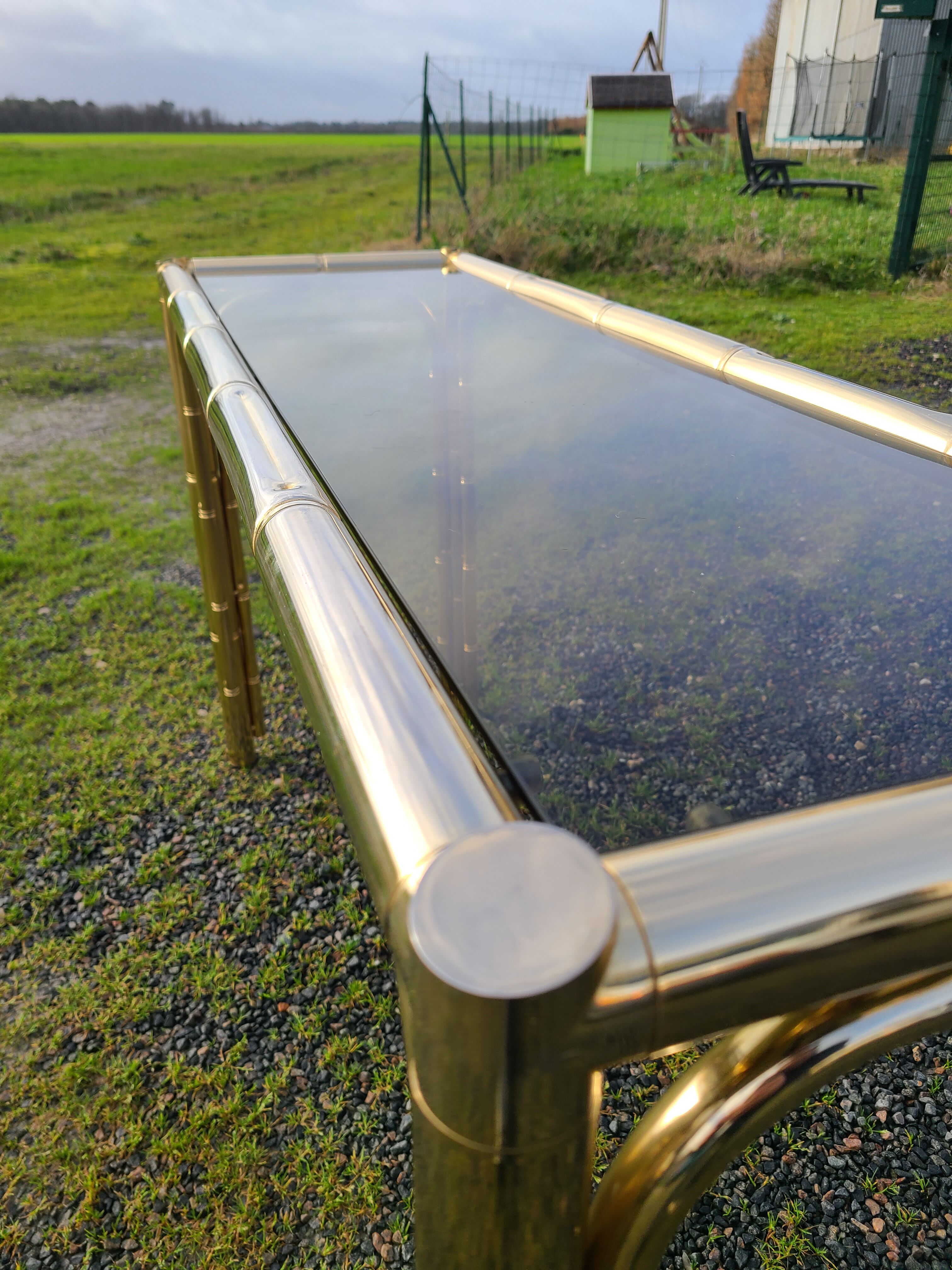 Gold console and vintage smoked glass, imitation bamboo 1970