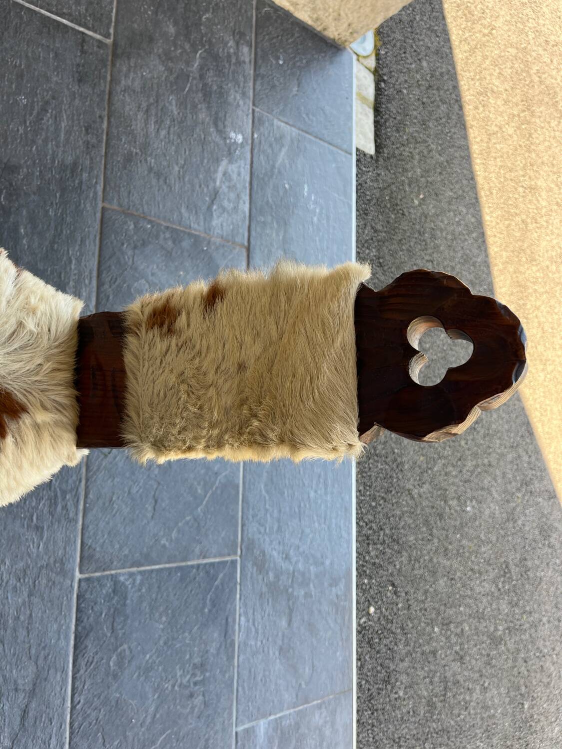 Vintage brutalist tripod chair in wood and leather