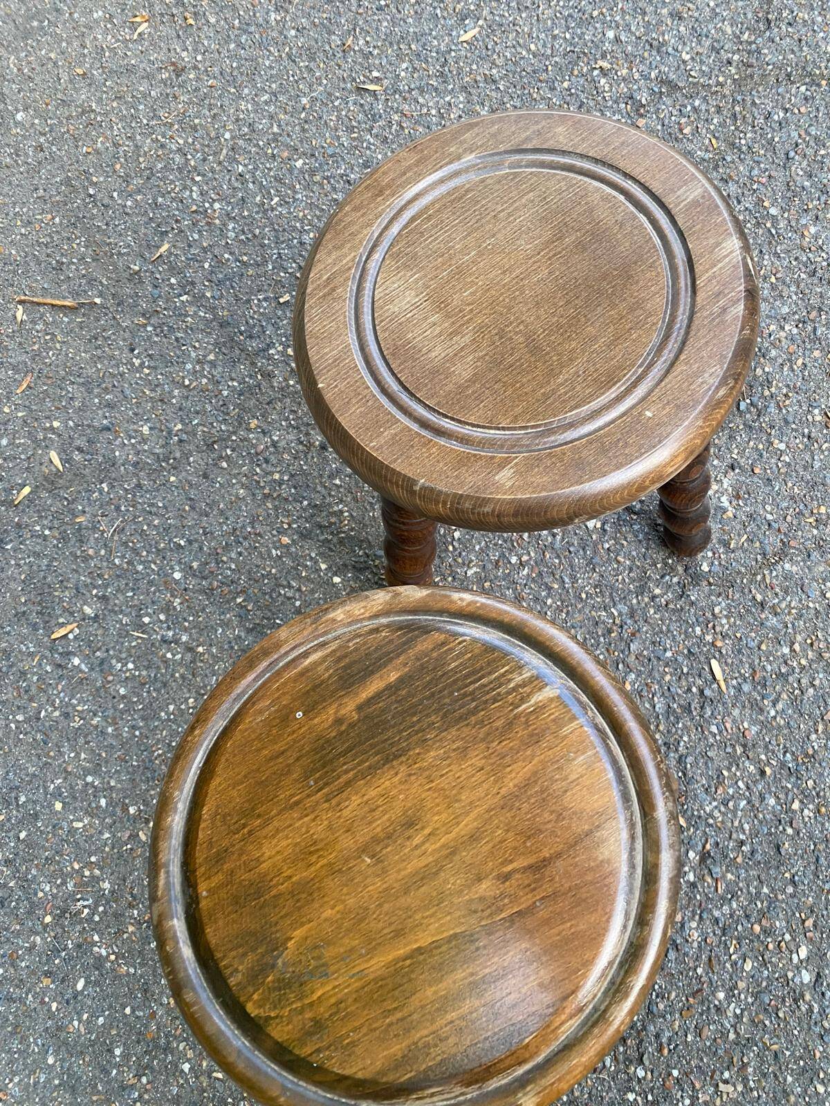 2 tripod stools in turned solid wood, Charles Dudouyt style, 1960.