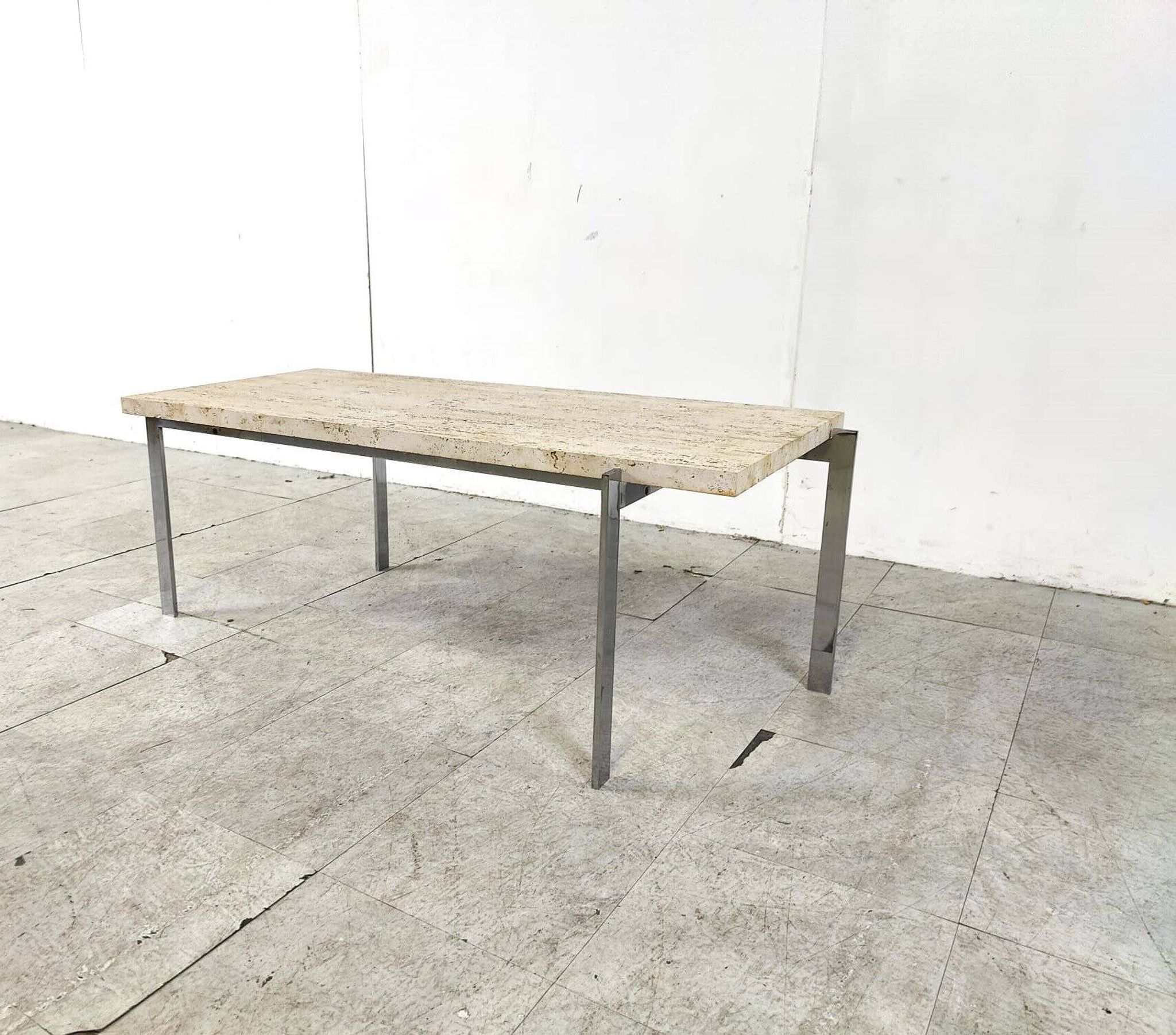 Table basse vintage en travertin et chrome, années 1970