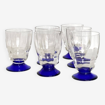 Lot de 6 verres à vin ou à eau art déco et pied coloré bleu art de la table vintage ACC-7093