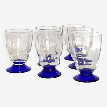 Set of 6 art deco wine or water glasses and blue colored foot vintage tableware ACC-7093