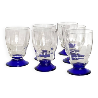 Set of 6 art deco wine or water glasses and blue colored foot vintage tableware ACC-7093