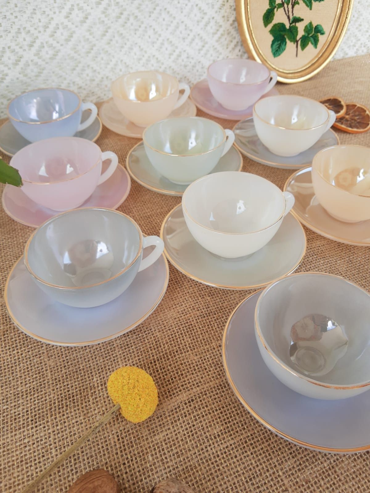 Set of 10 cups and under cups harlequin Arcopal France - vintage