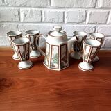 Asian ceramic tea set, mazagrans and teapot with landscape motif
