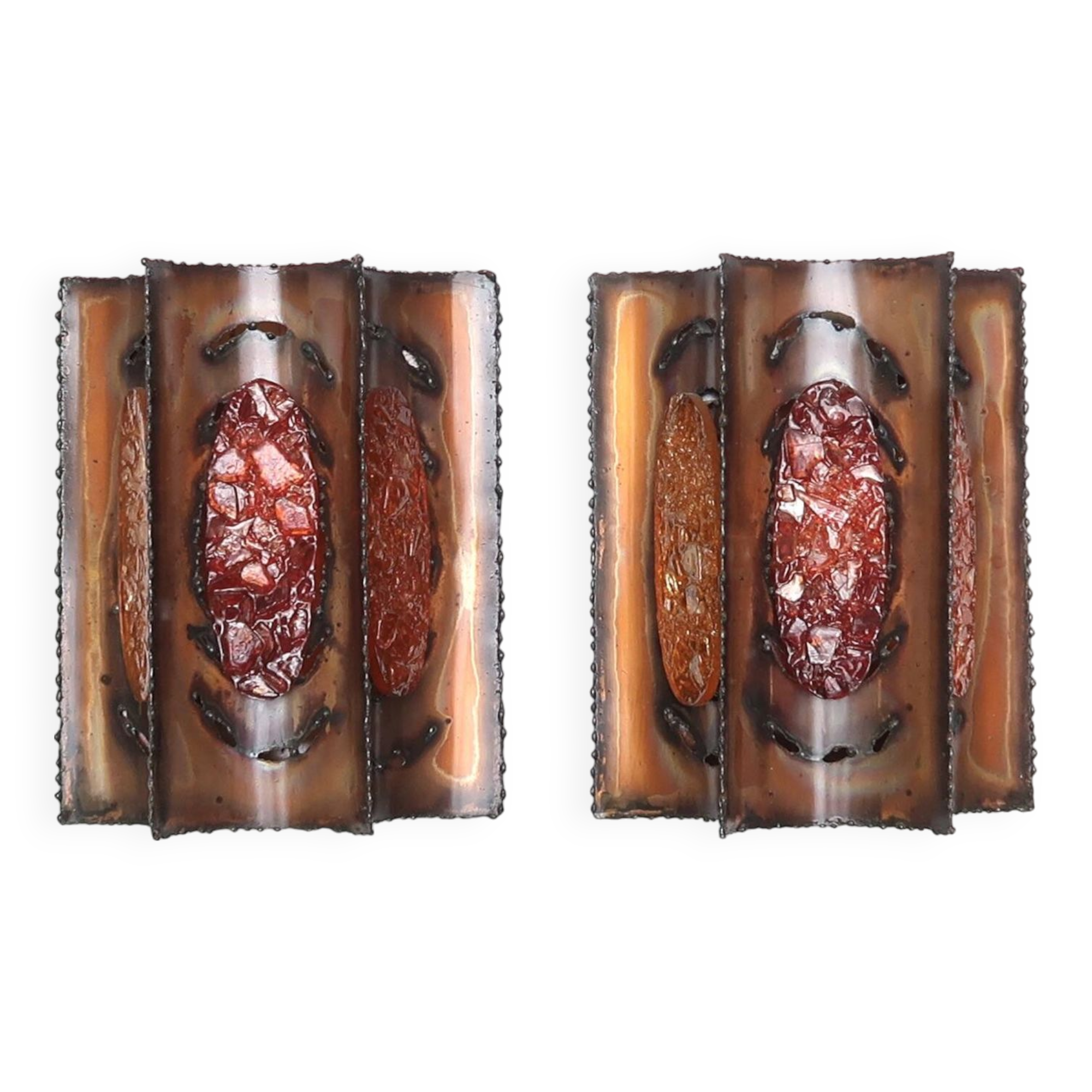 Pair of brutalist Accolay wall lights in copper and resin, 1960s