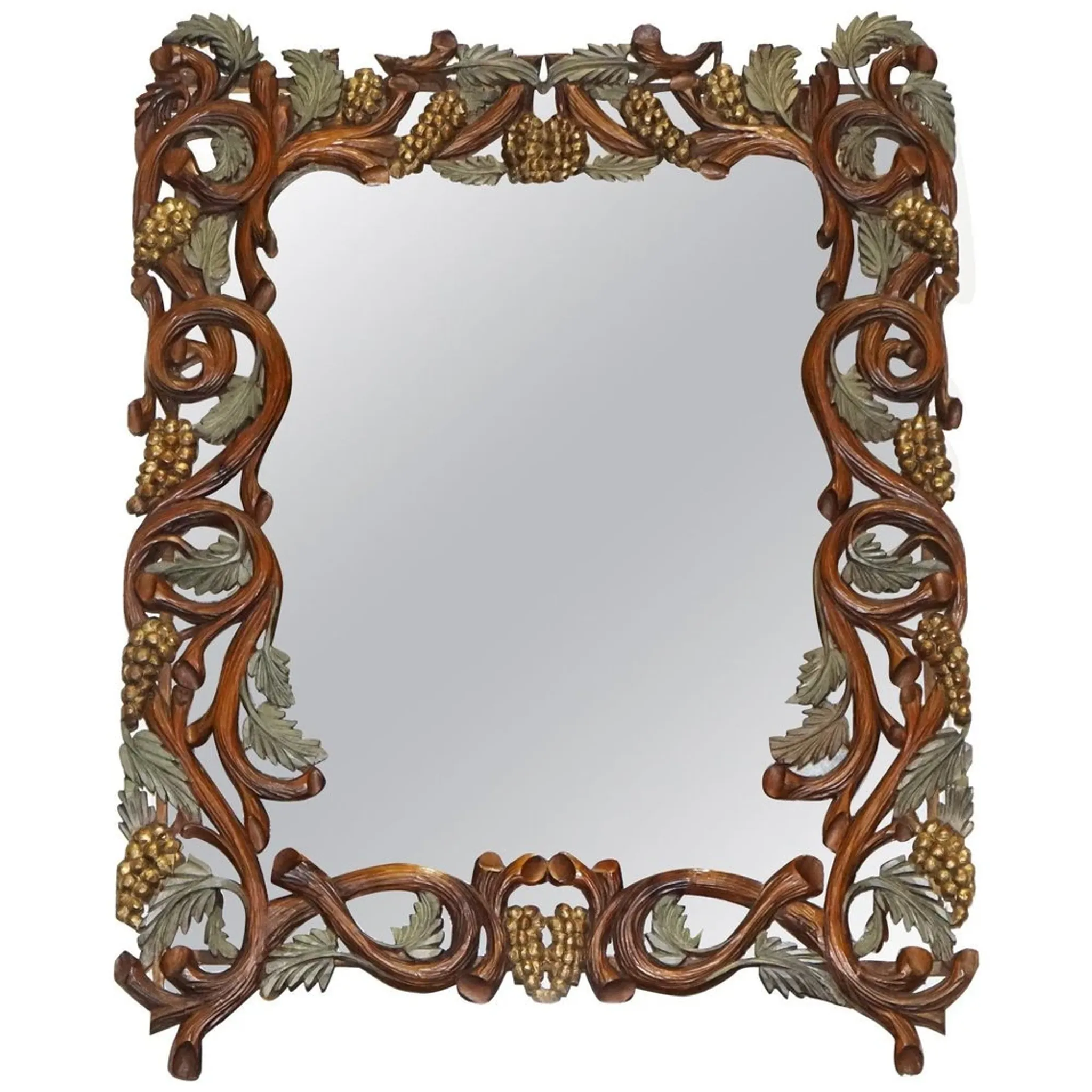 Vintage Black Heavily Carved Wooden Forest Wall Mirror
