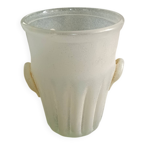 Seau en pâte de verre à oreille et cannelé beige