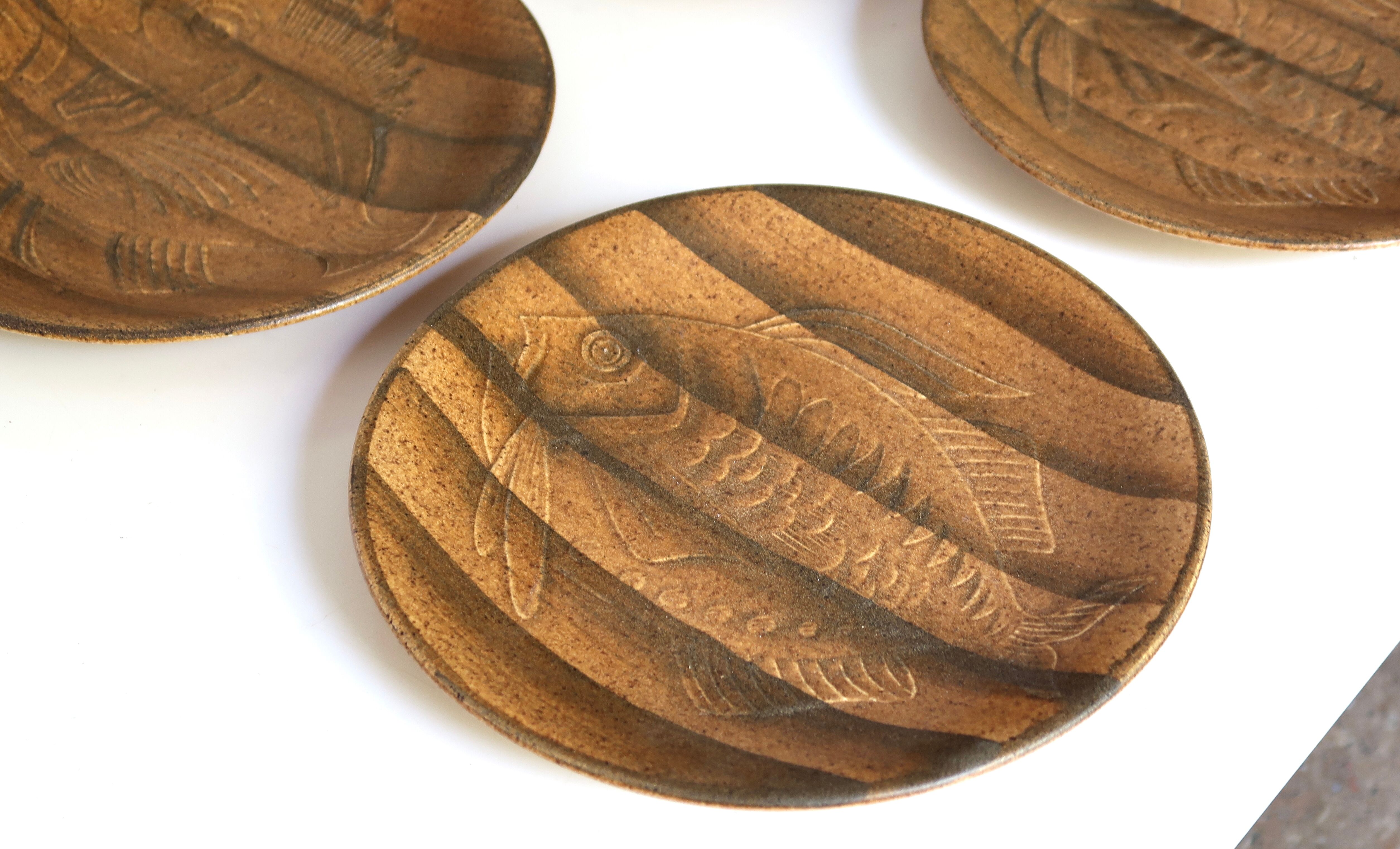 Set of 6 Longchamp plates with fish decor, 70s