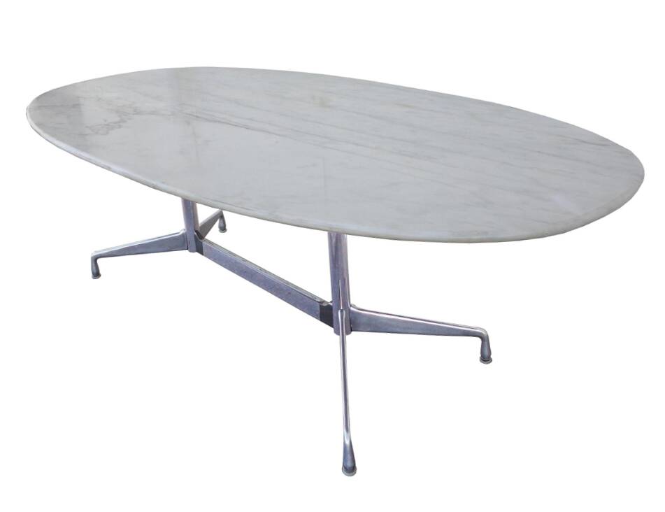 Eames "Segmented" oval table in white marble with stainless steel base, H. Miller 70s