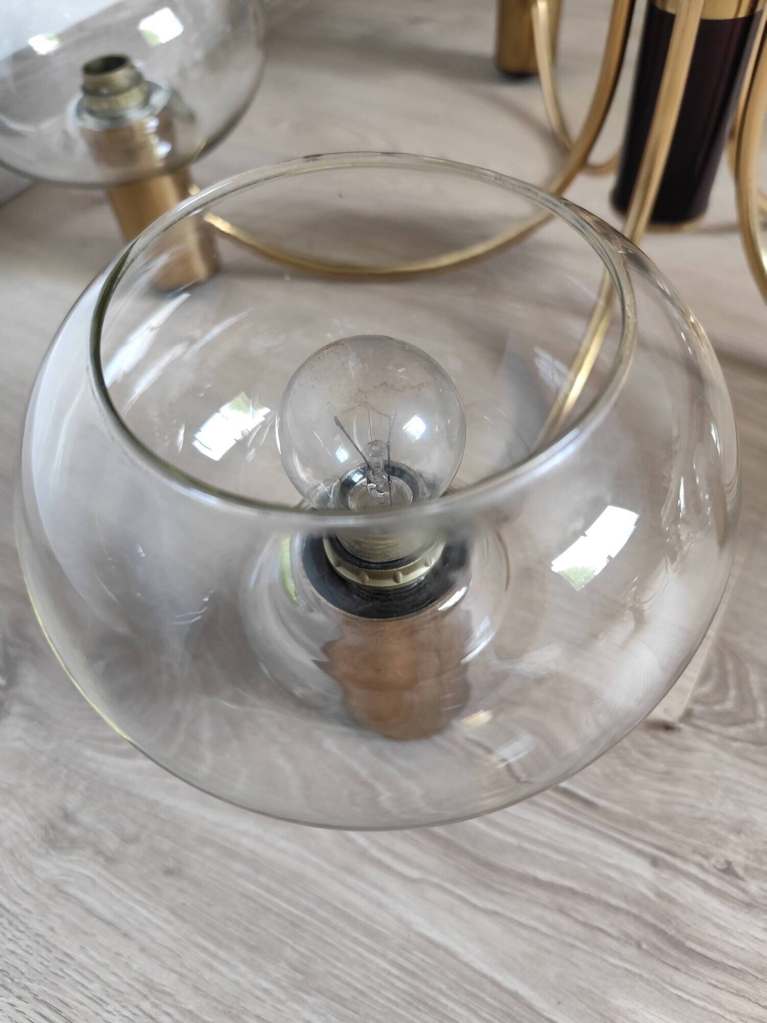 Pair of matching brass and bakelite chandeliers, 3 and 5 branches, 70s milk