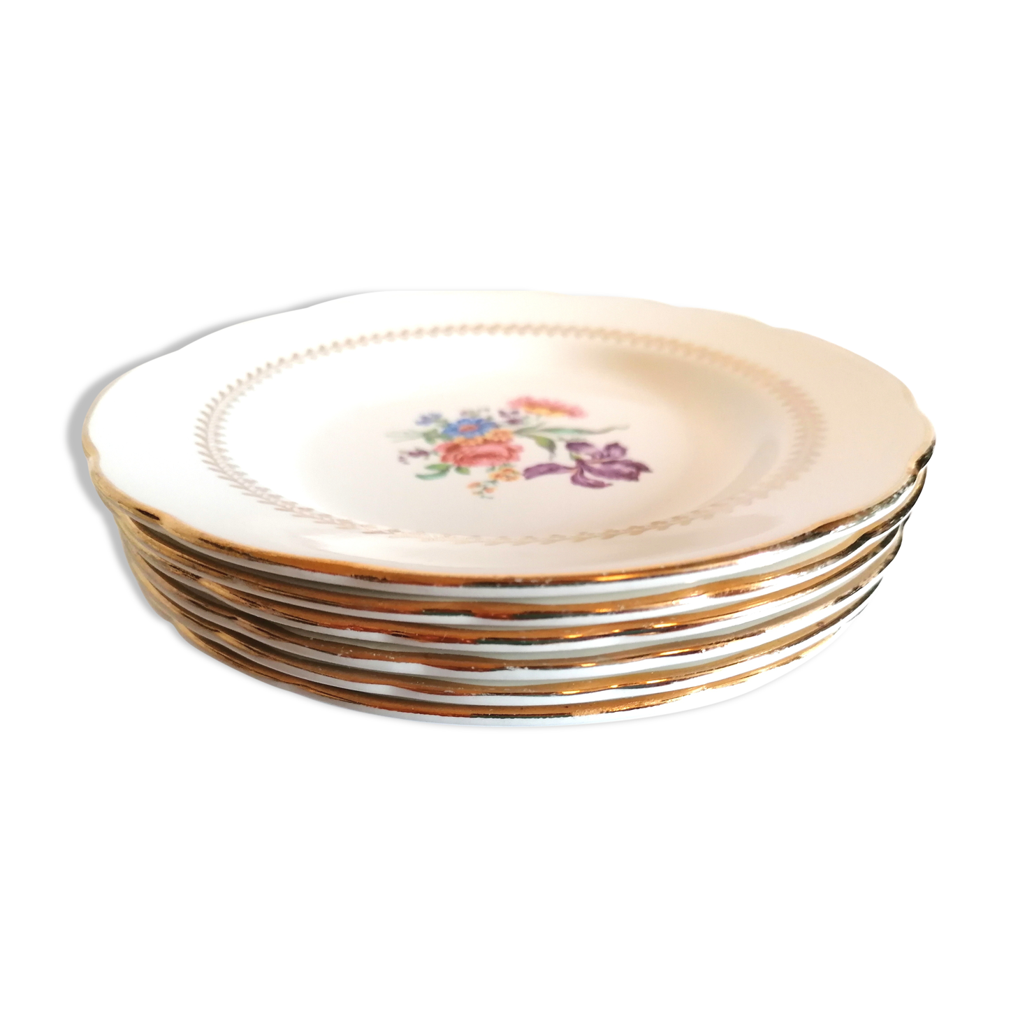 6 dessert plates, Gien, ancient earthenware, flowers and gilding