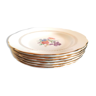 6 assiettes à dessert, Gien, Faïence ancienne, fleurs et dorure