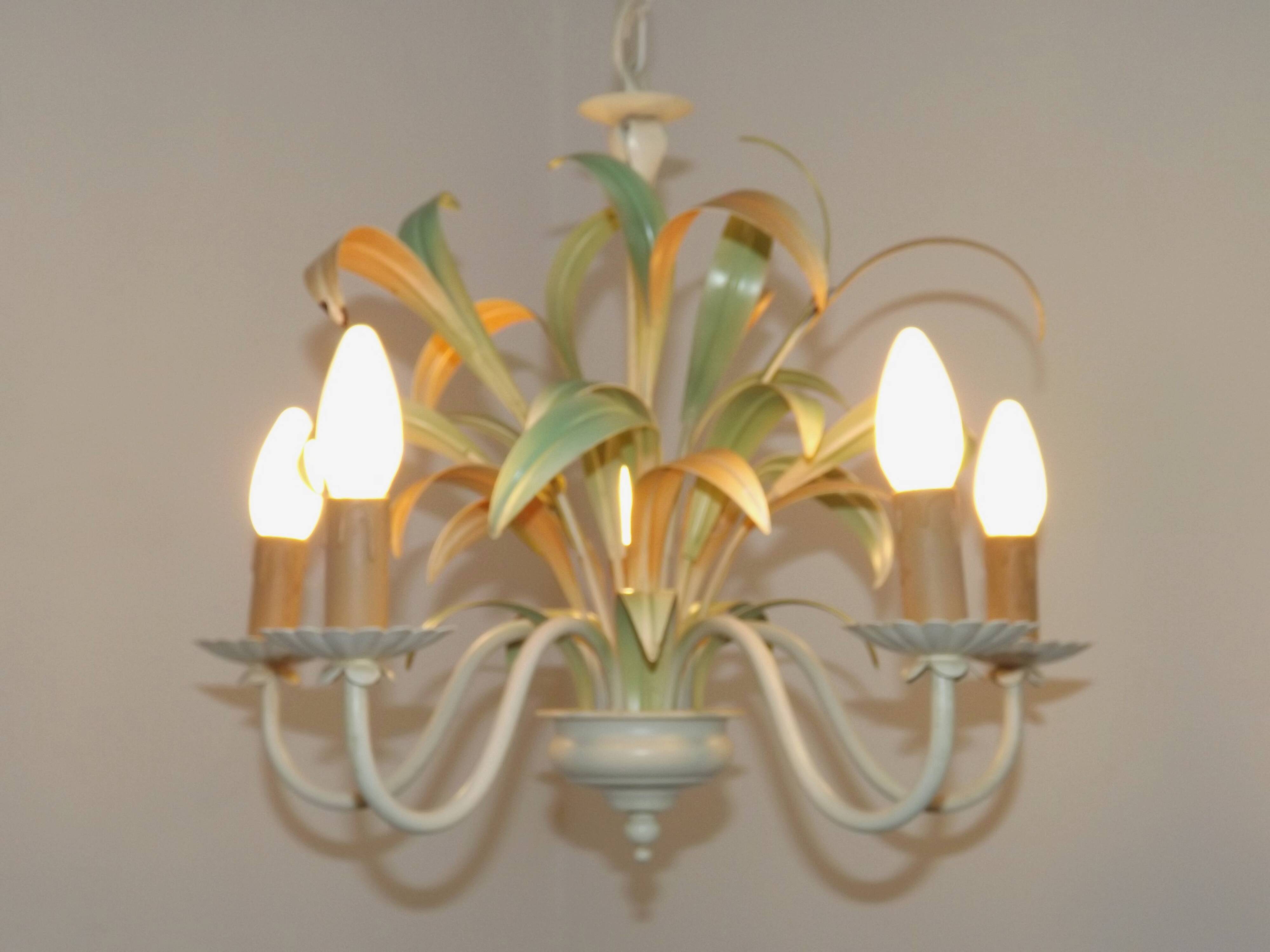 French Vintage Cream 5 Light Metal Chandelier Green and Peach Leaves