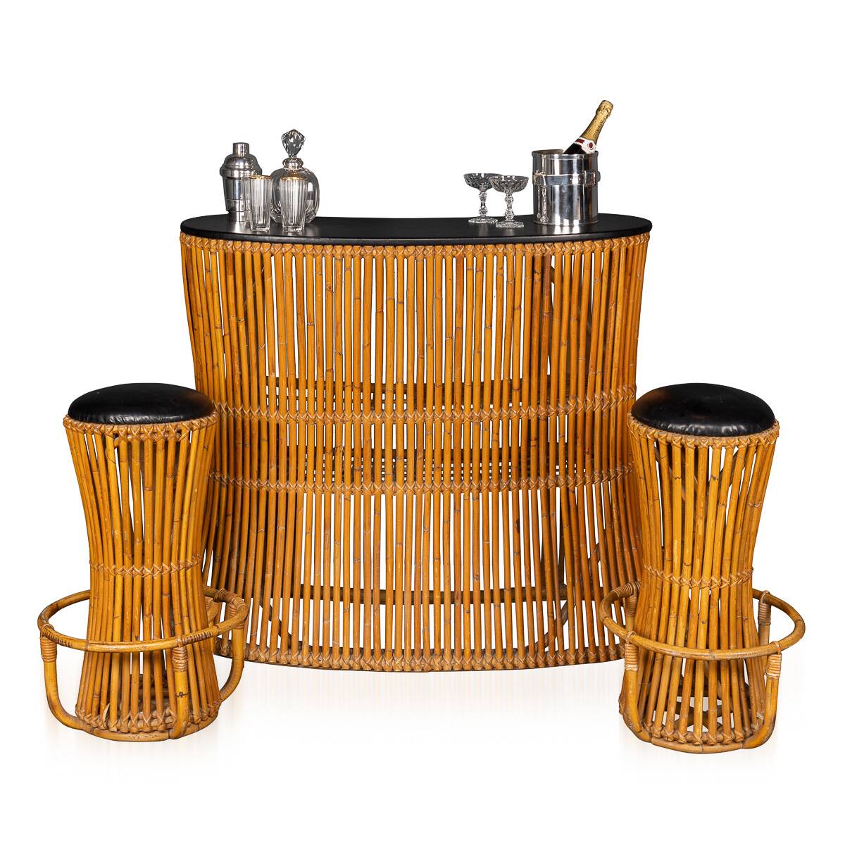 Striking 20thc italian standing bamboo dry bar & stools c.1960