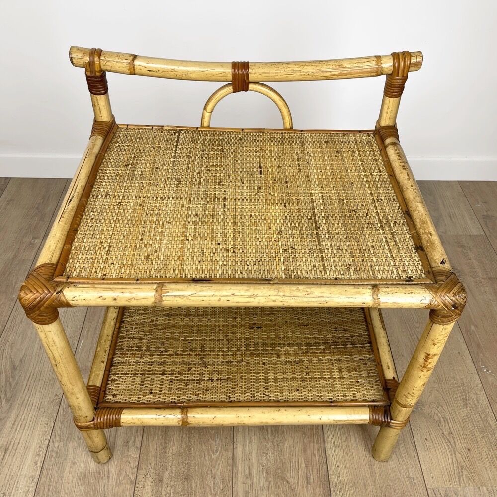 Vintage bamboo and woven straw side table