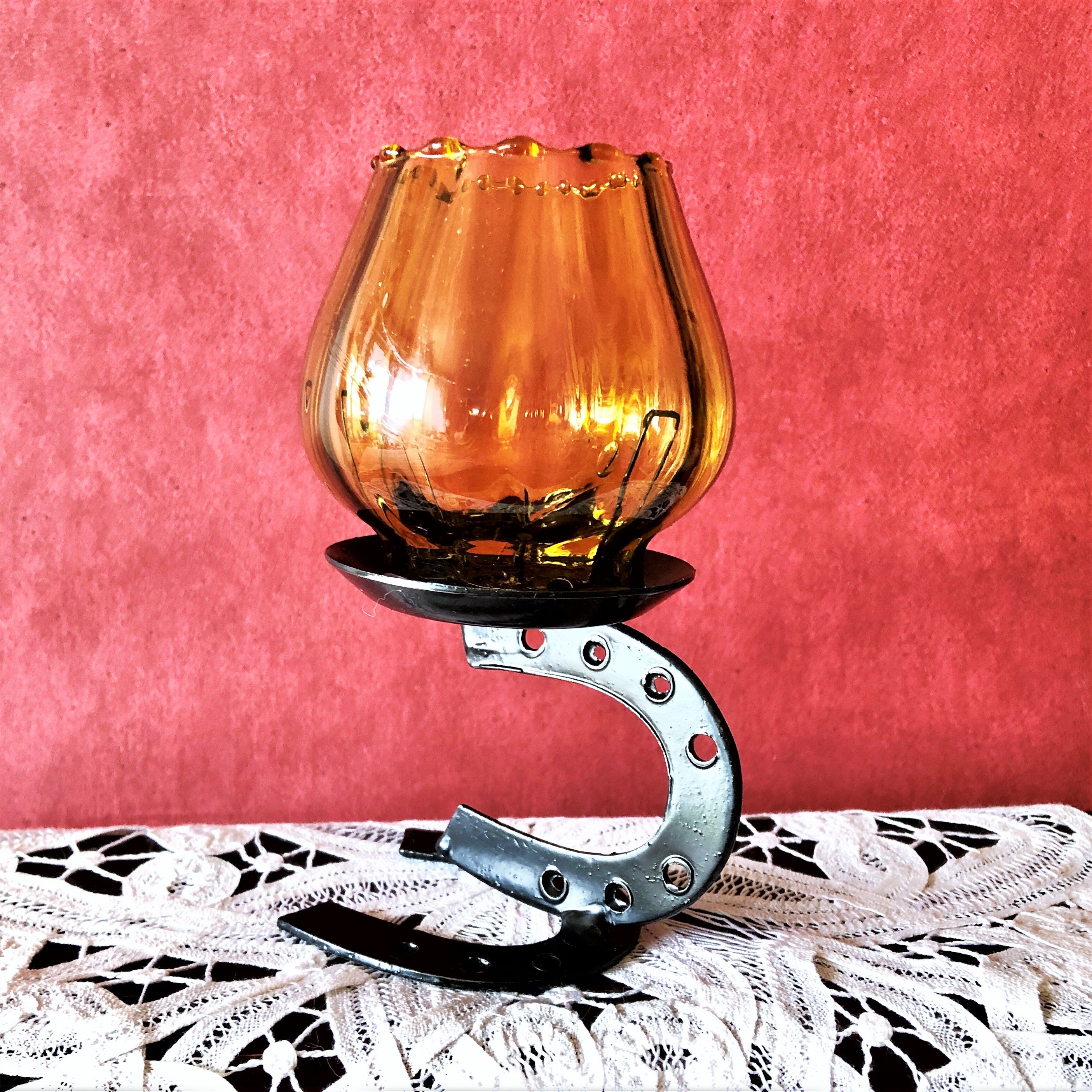 Candle holder photophore iron and amber glass vintage