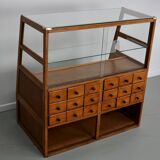 Meuble de mercerie ou comptoir de magasin espagnol ancien en hêtre et chêne, années 1950