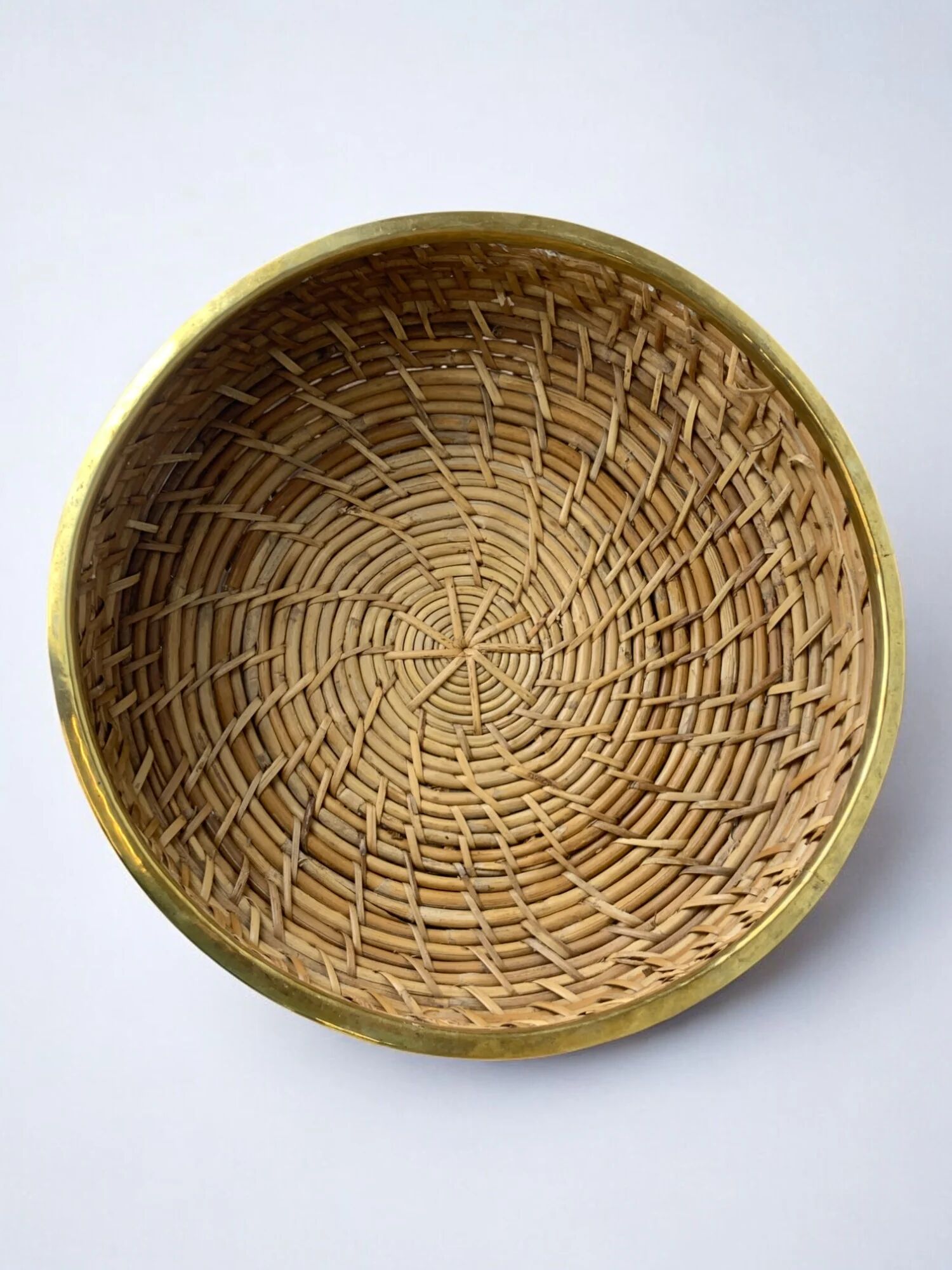 Circular rattan and brass basket, Italy, 1970s, 35 cm diameter