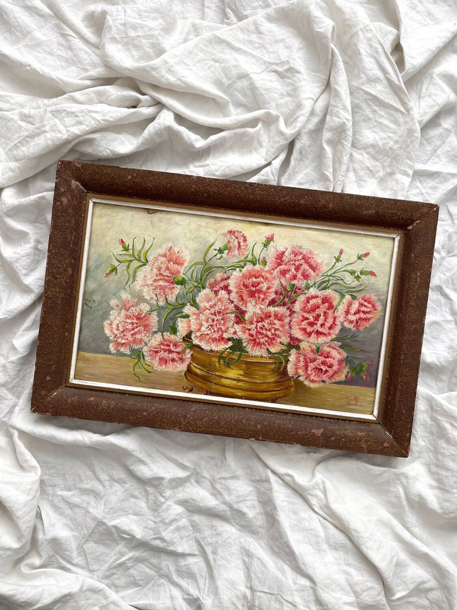 Antique oil painting on cardboard, bouquet of carnations, signed and dated 1899