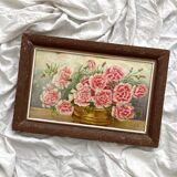 Old oil painting on cardboard bouquet of carnations signed and dated 1899