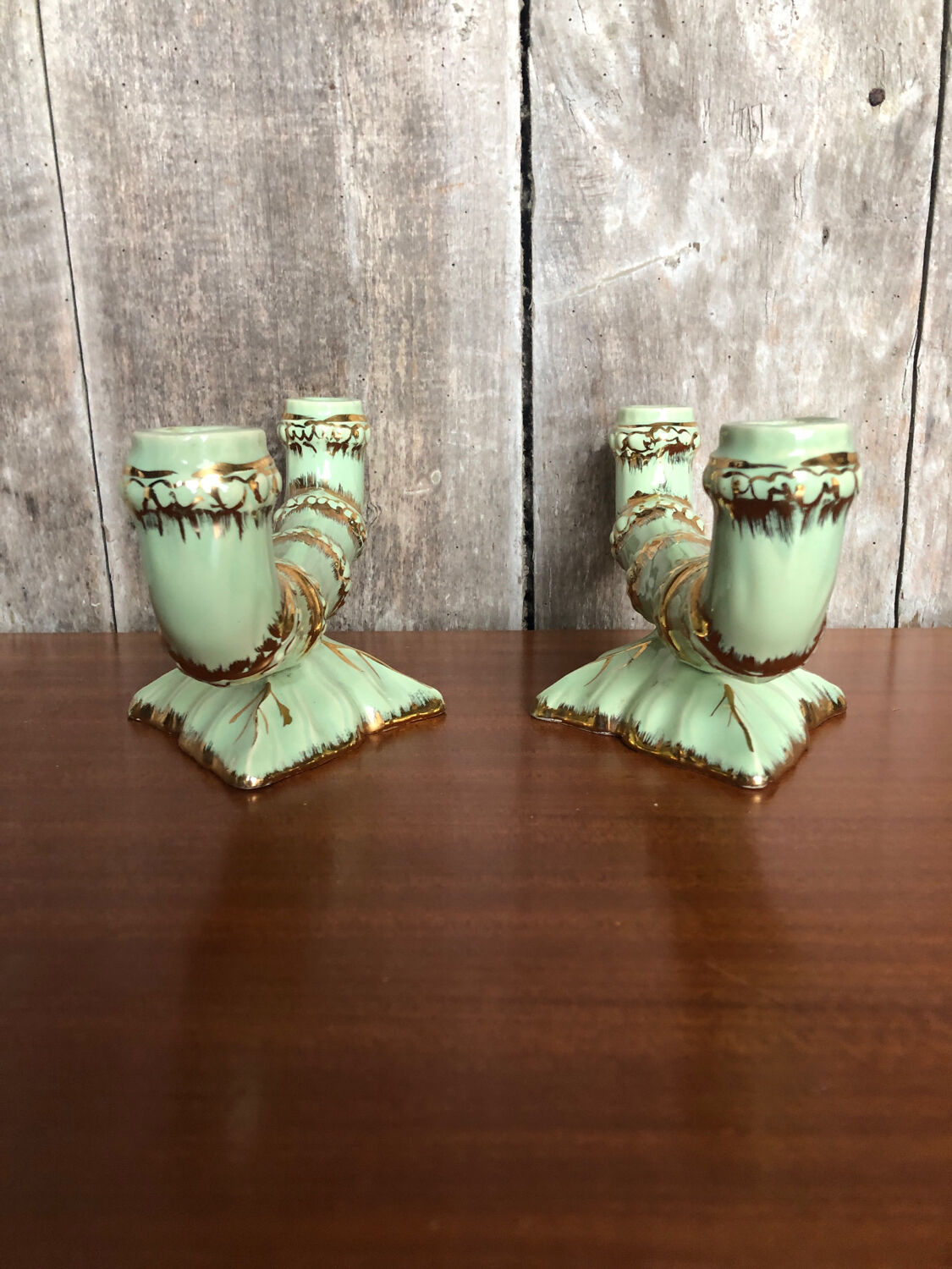 Old pair of double ceramic candlesticks green & gold vintage #A270