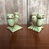 Old pair of double ceramic candlesticks green & gold vintage #A270