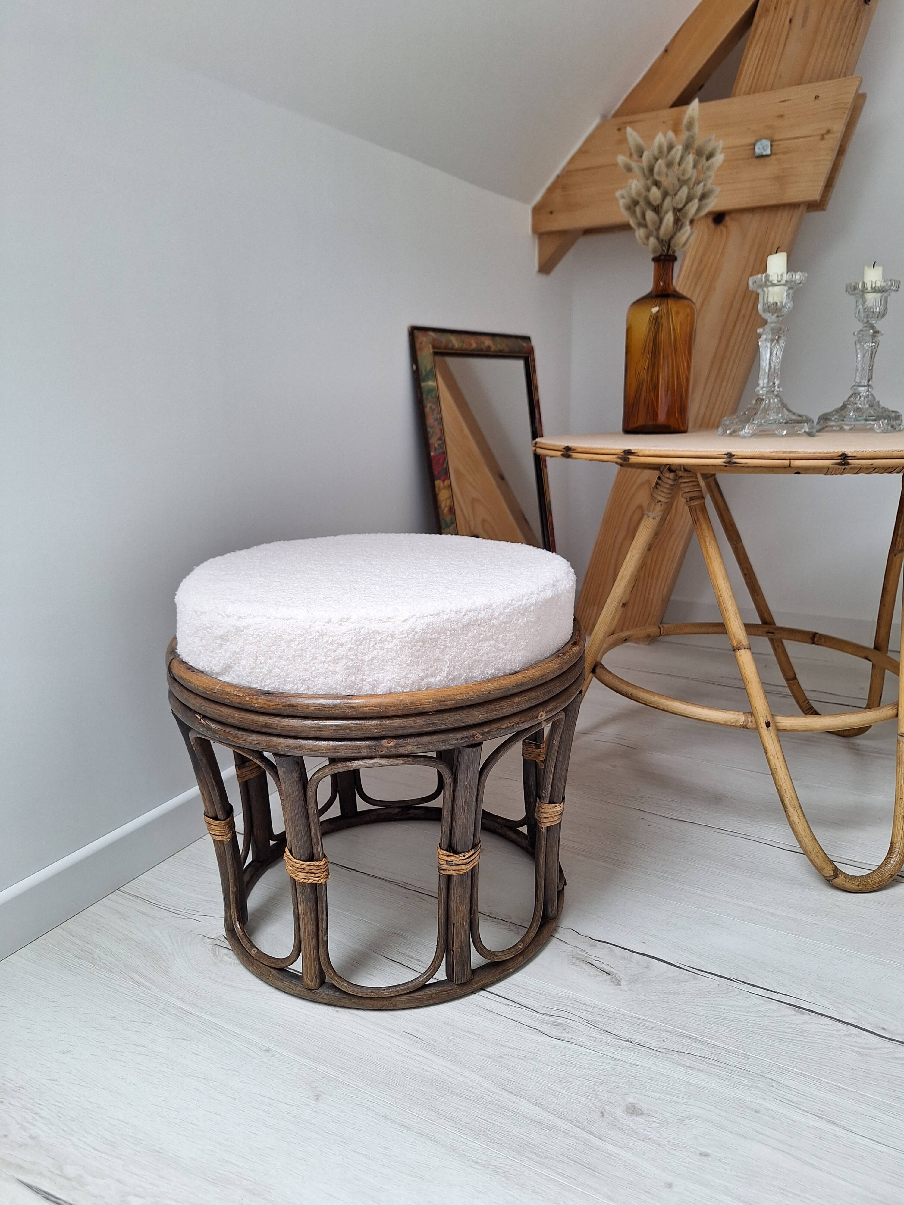 Vintage rattan and French terry fabric pouf