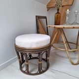 Vintage rattan and French terry fabric pouf