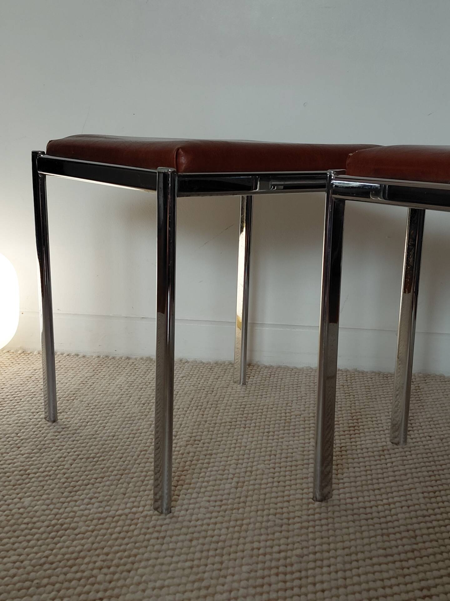 Pair of vintage stackable stools in faux leather and chrome - 70s