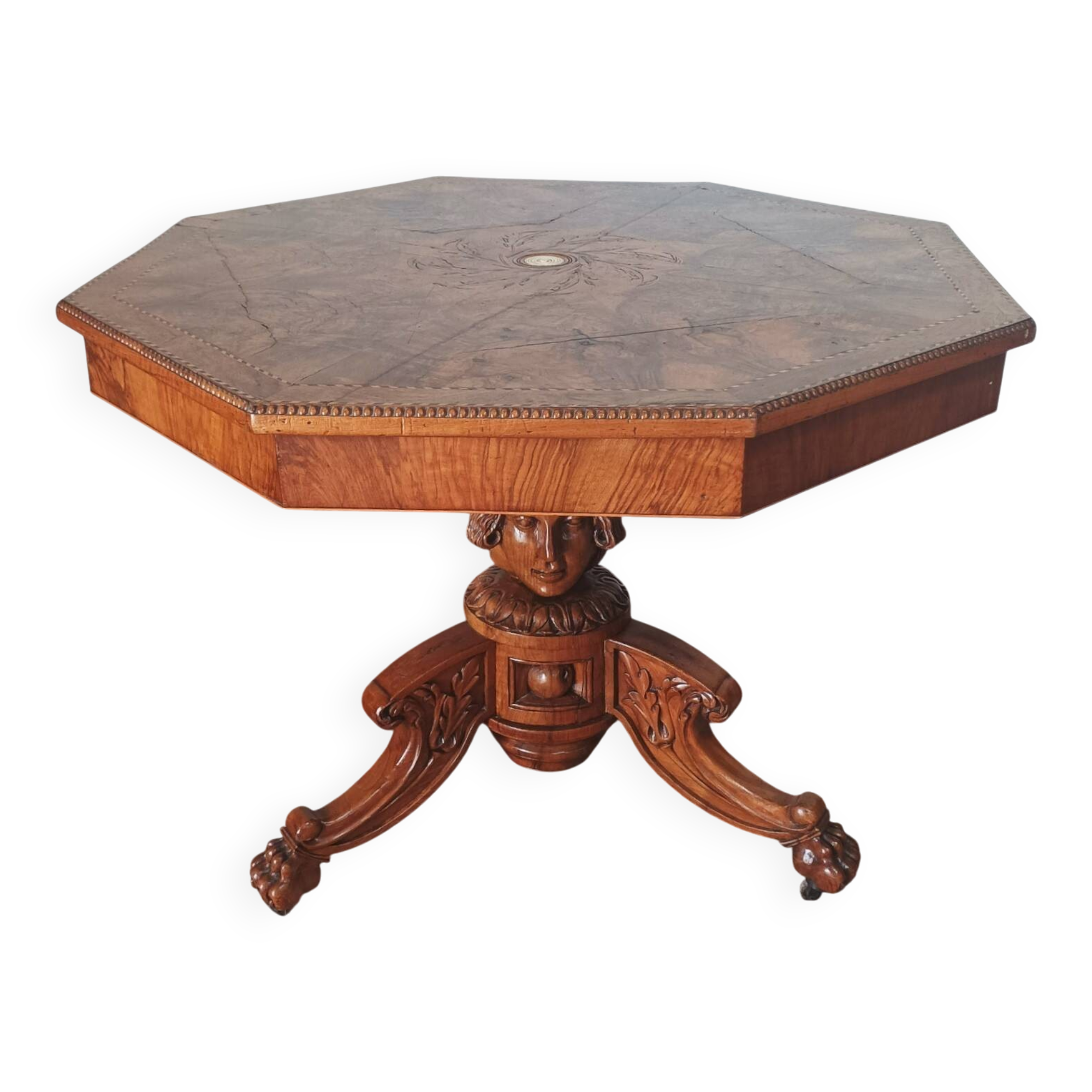 Napoleon III octagonal centre table in marquetry walnut.