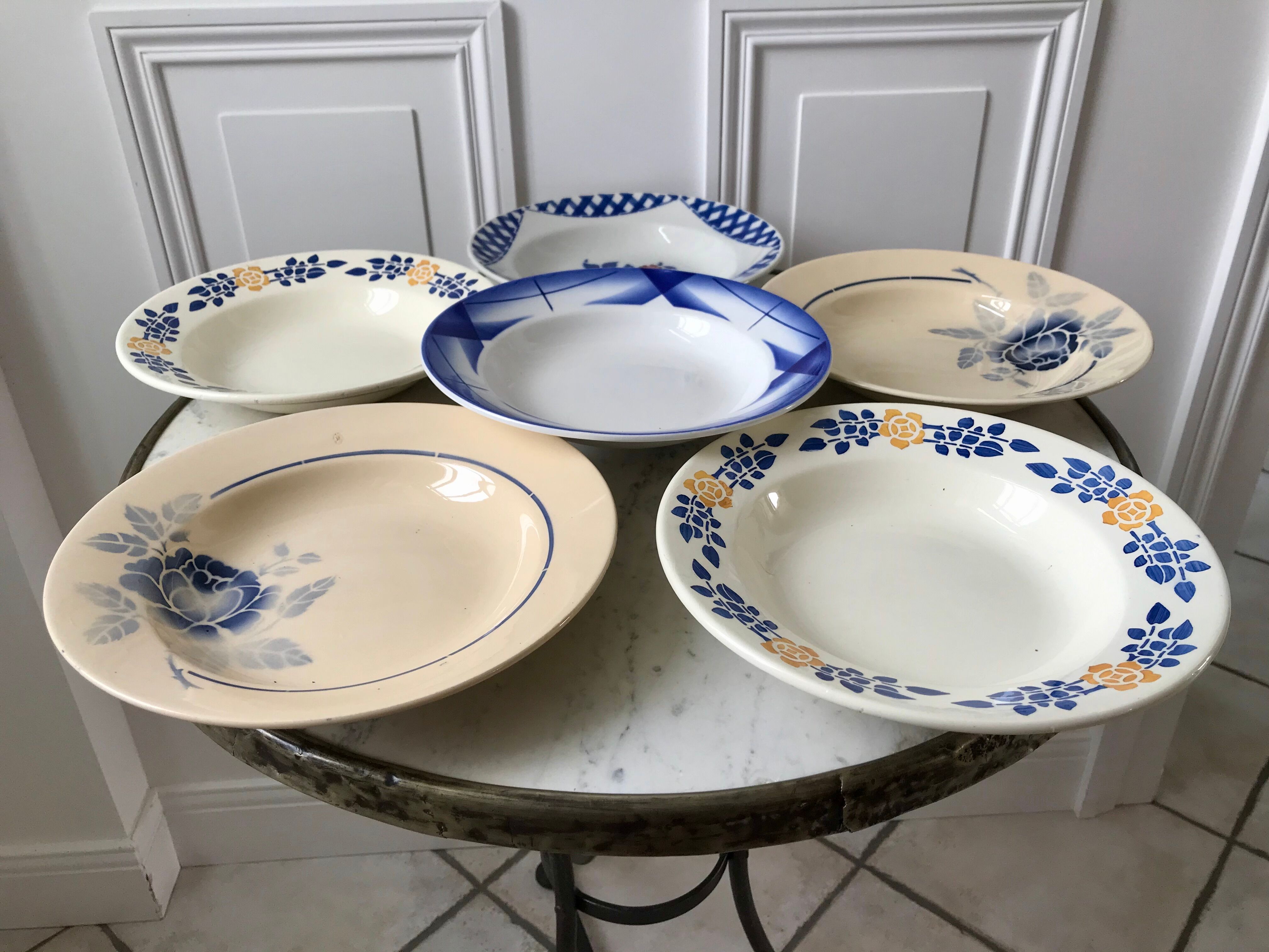Lot de 6 assiettes creuses dépareillées digoin "artix", badonviller, nouvelles galeries années 40-50