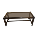 Table rotin vintage et verre rectangulaire