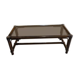 Table rotin vintage et verre rectangulaire