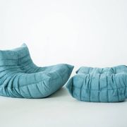 Togo set of armchair and pouf in light blue corduroy
