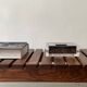 Bench / modernist coffee table made of wooden slats, 1970s design.