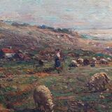 troupeau de peinture à l'huile antique avec une paysanne - Tito Pellicciotti (1871-1950)
