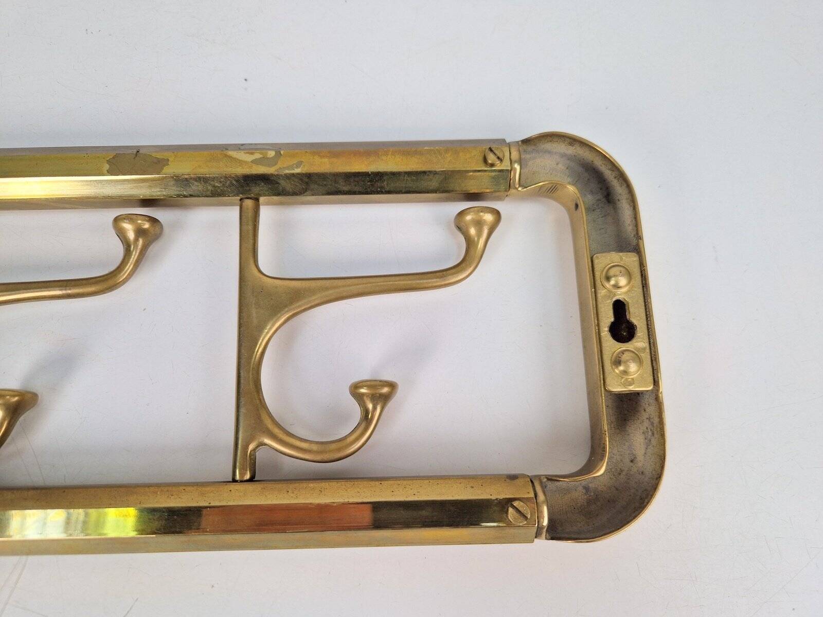Vintage Art Deco Brass Wall Coat Rack with Folding Hooks, 1930