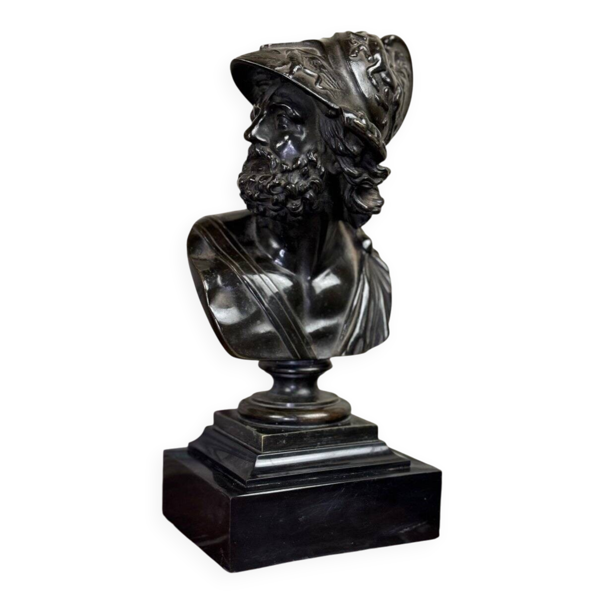 Bust of Ajax, bronze with black patina on a black Belgian marble base, 19th century.