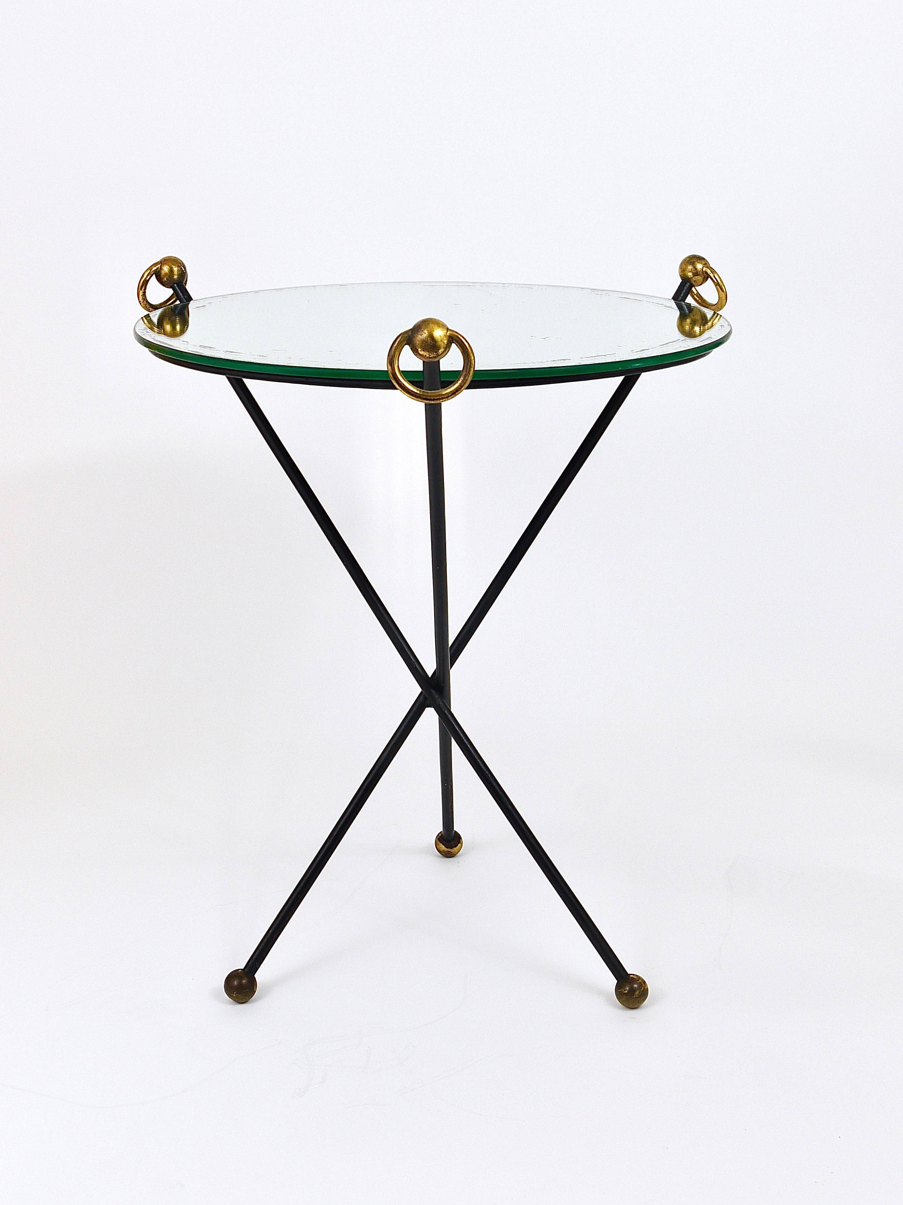 French mid-century mirror side table, Jacques Adnet style, brass, 1950s.