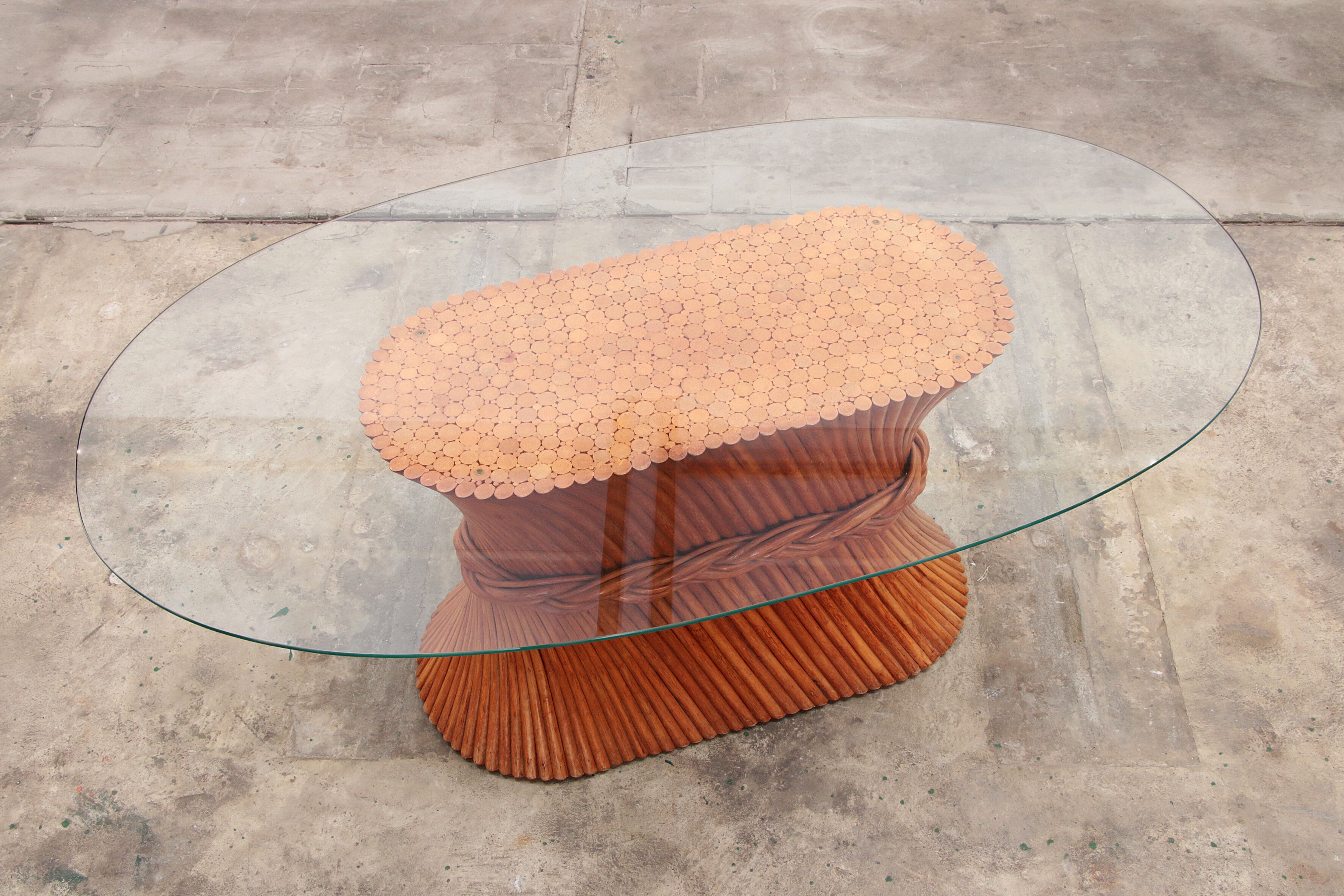 Bohemian bamboo mcguire dining table set with 6 palm leaf chairs, 1960 france.