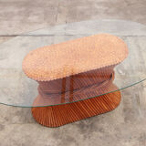 Bohemian bamboo mcguire dining table set with 6 palm leaf chairs, 1960 france.