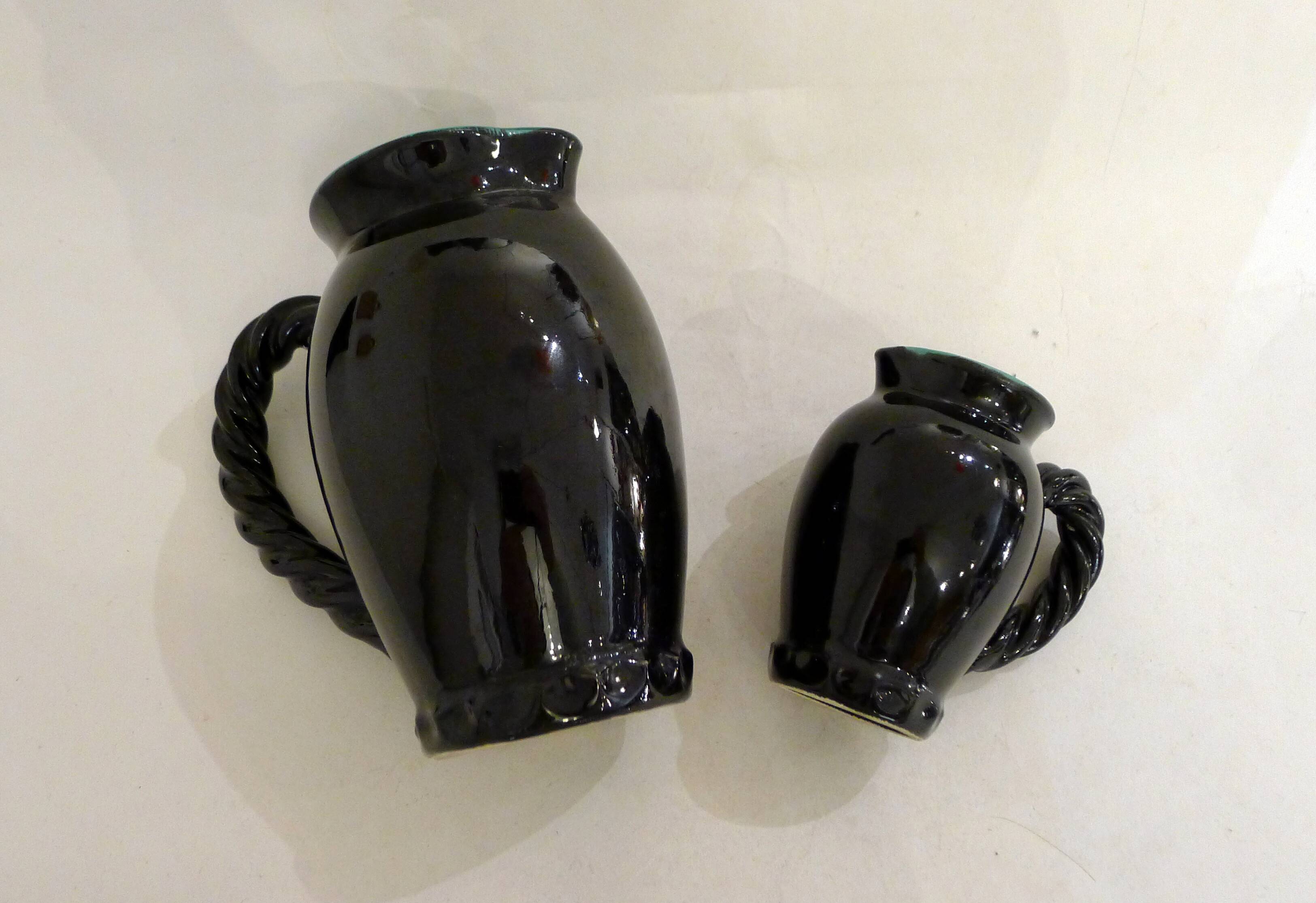 Set of 2 pitchers with braided handles, in Grandjan-Jourdan Vallauris earthenware, 1950