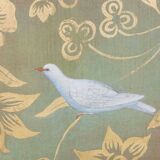 Painted canvas depicting doves in foliage.