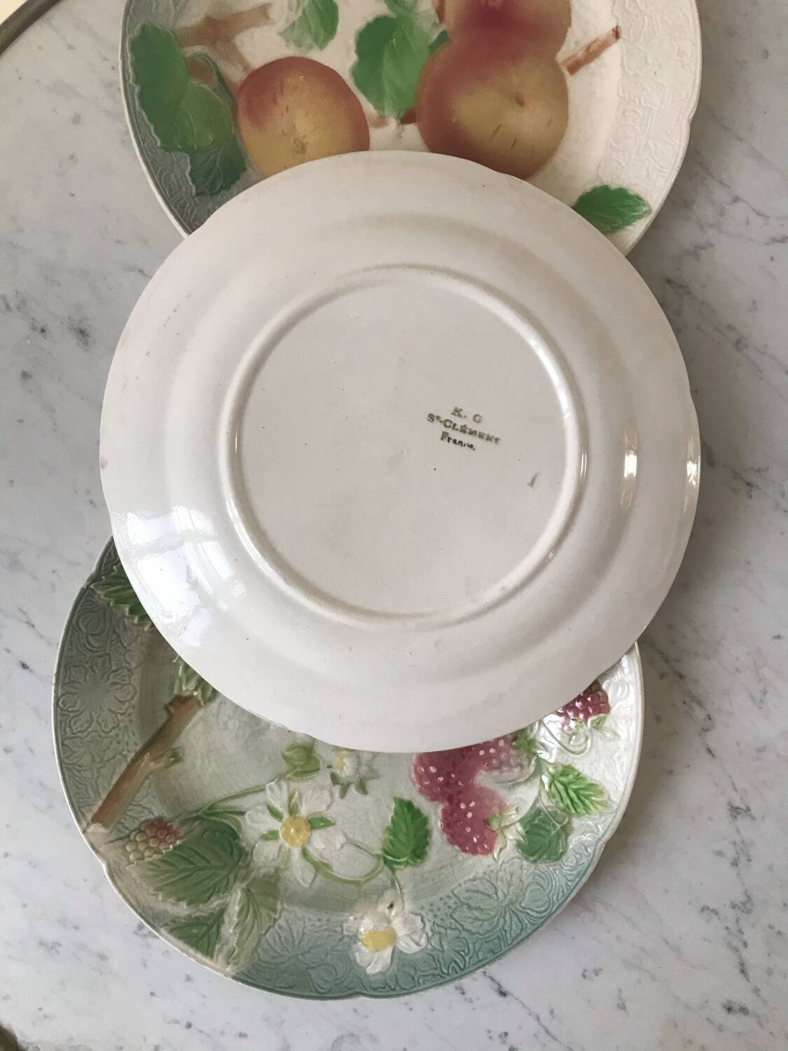 Trio of St Clement dessert plates in 19th century slip