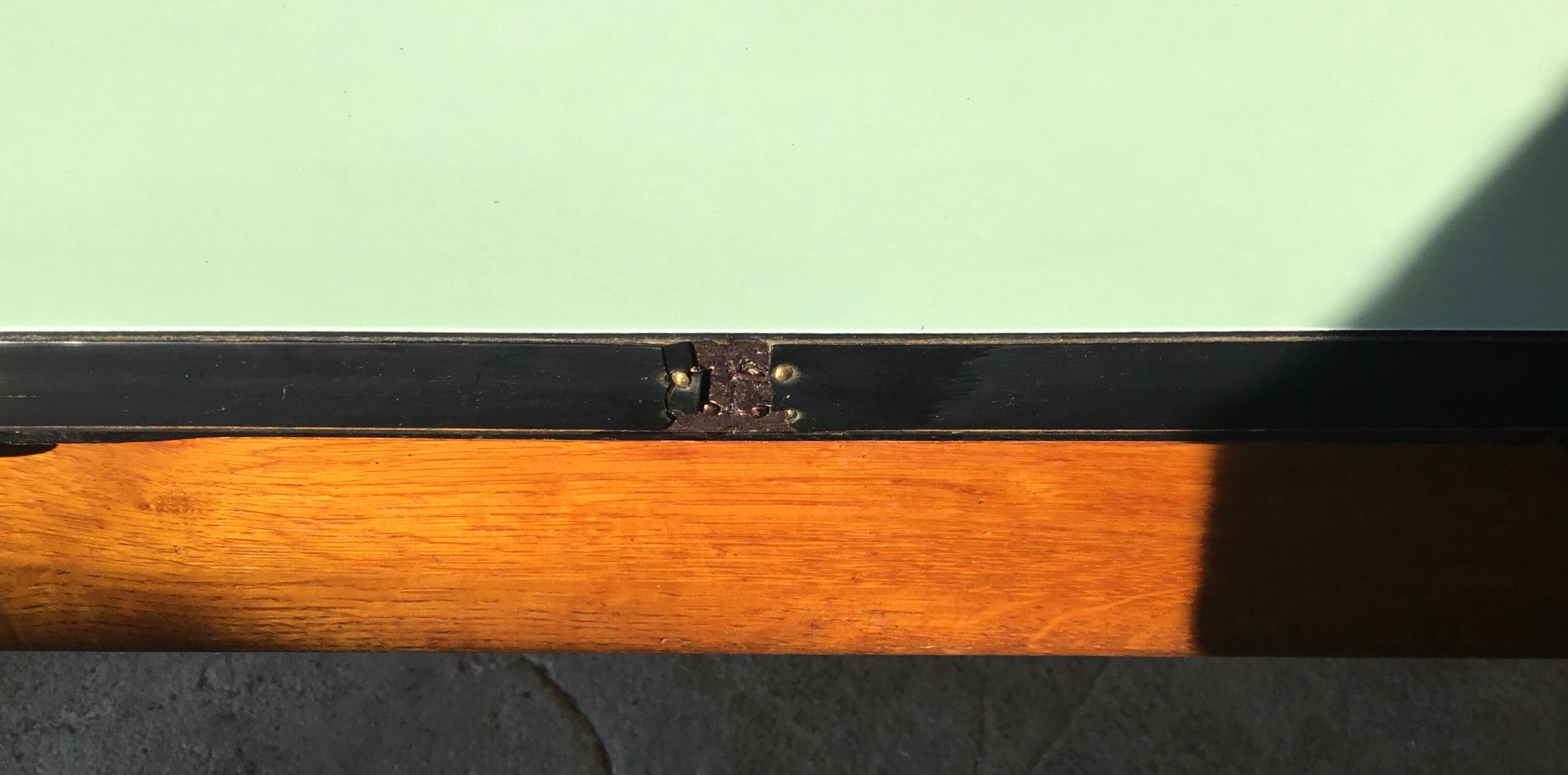 Vintage stretch table - oak footing - mint green formica tray - 1950
