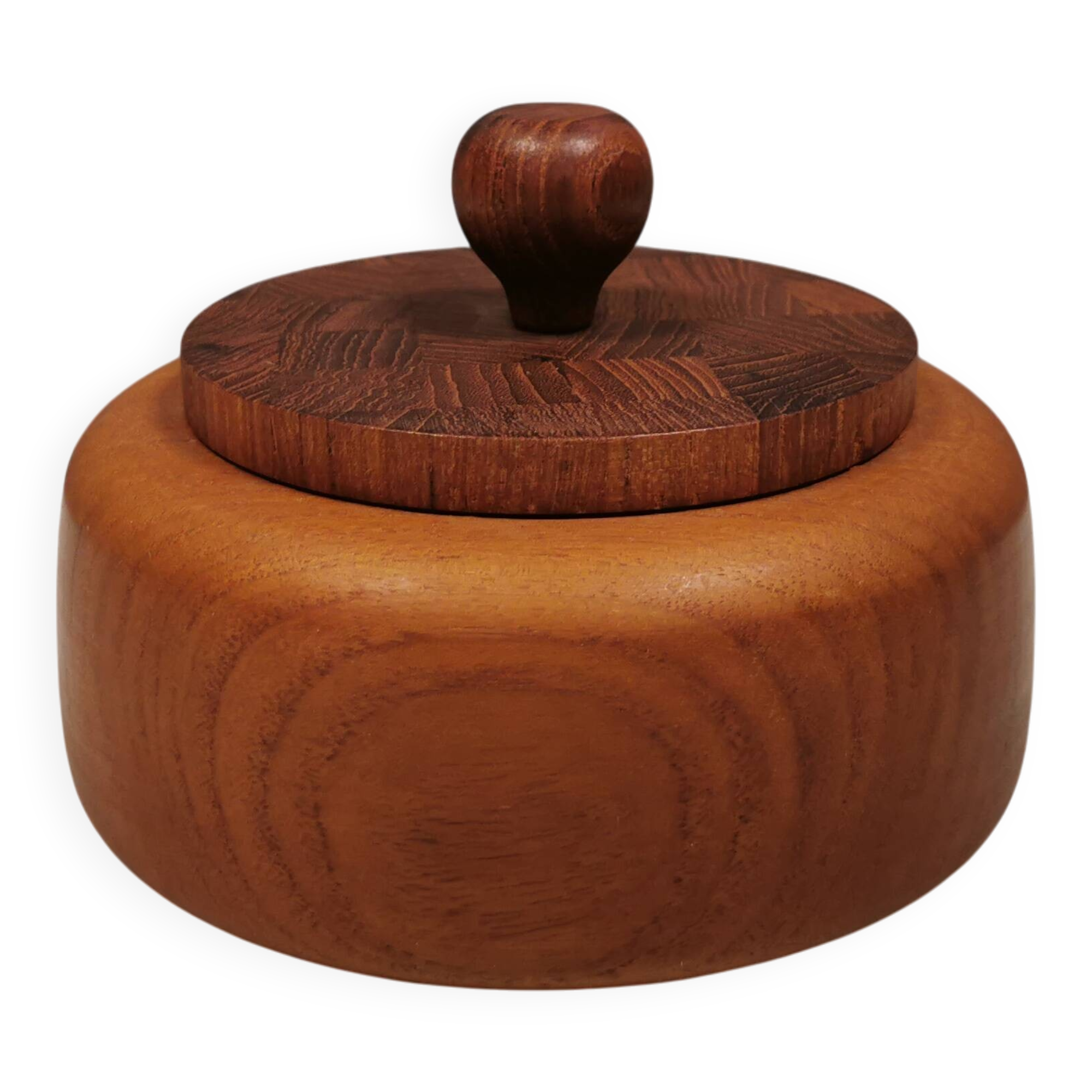 Very beautiful tobacco jar in teak wood with lid of stick-glued teak wood.
