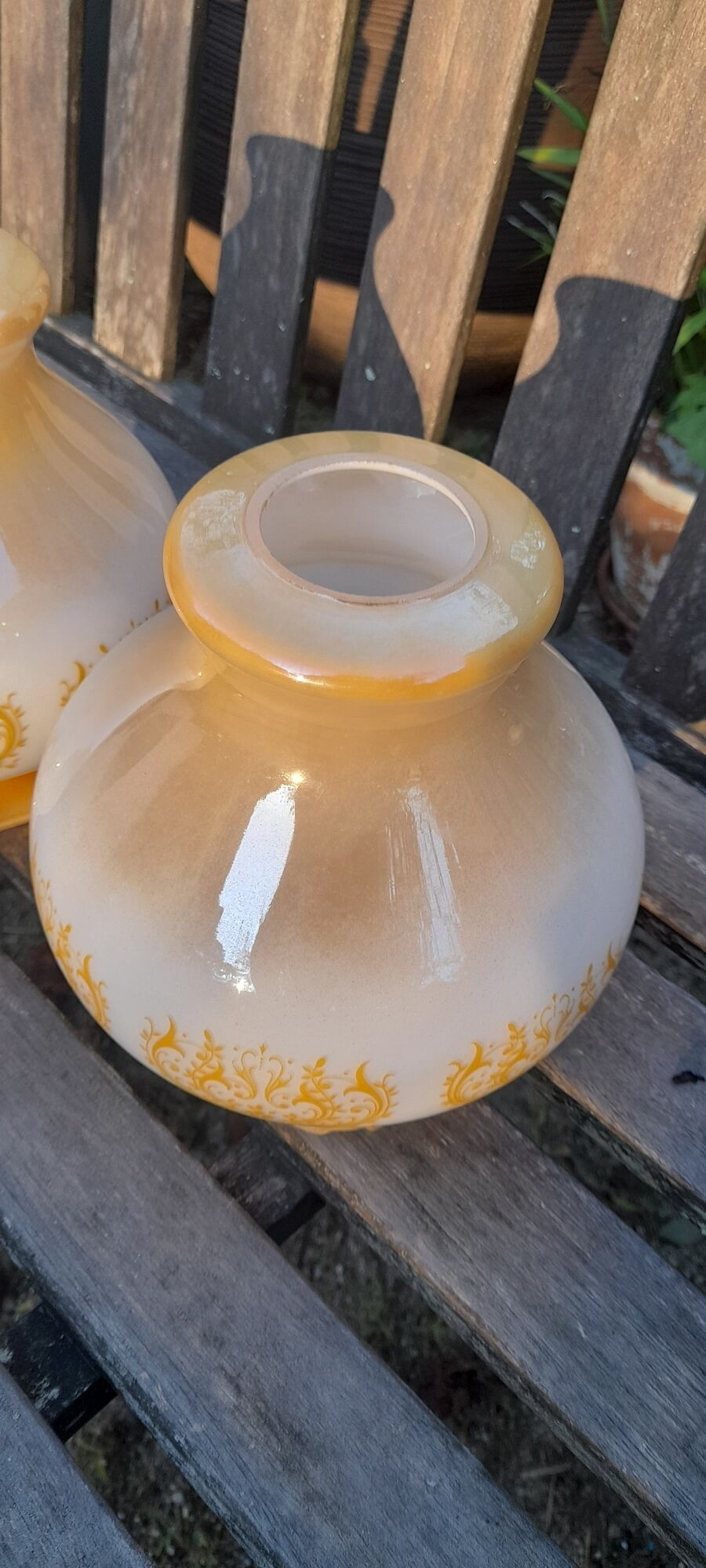 Duo of orange opaline tulip globes for suspension, art deco