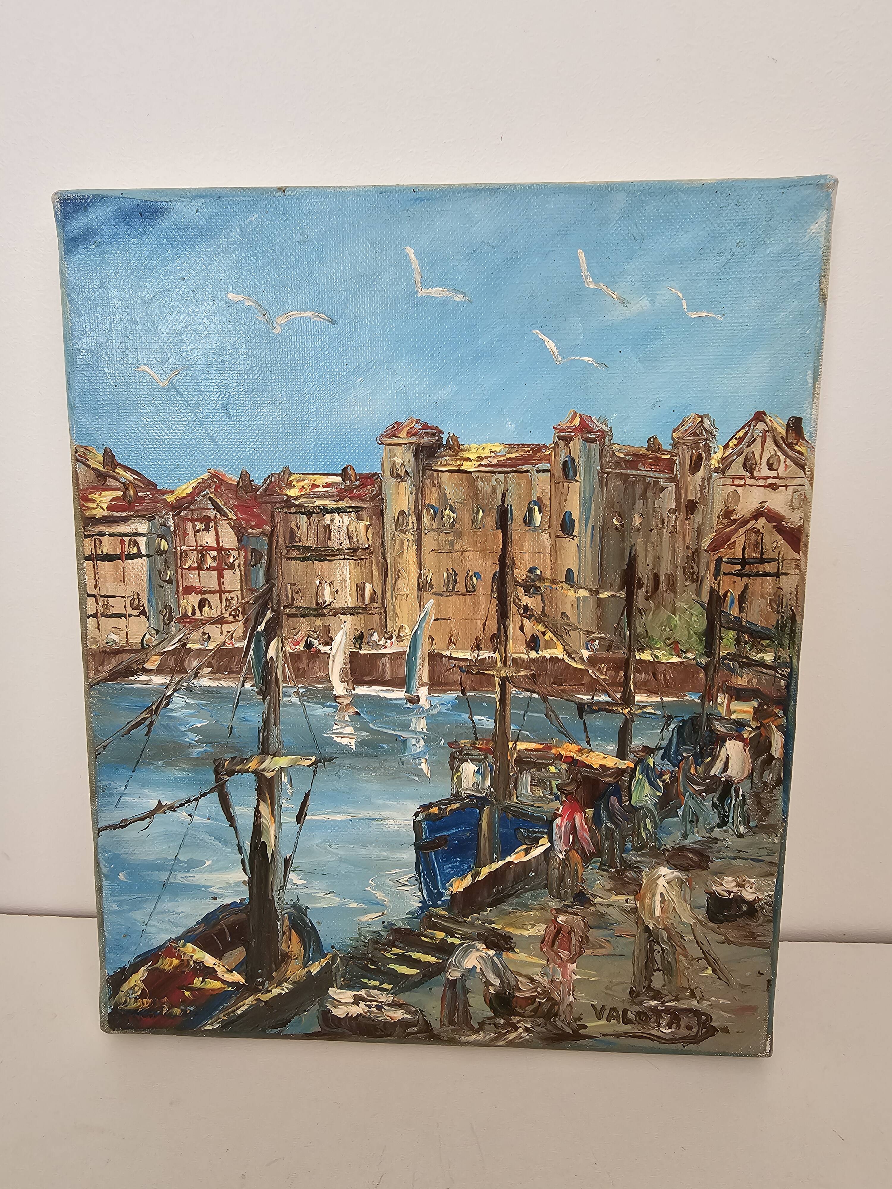 Oil painting on canvas House of the Infanta Saint Jean de Luz signed Valota